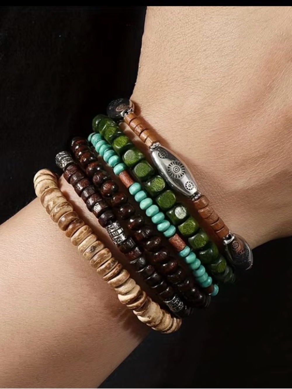 Handmade Mixed-Bead Stackable Bracelet Set - Turquoise, Green, Brown - Picture 2 of 5